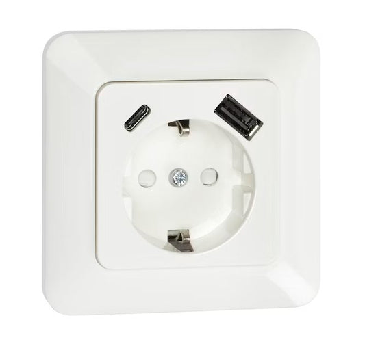 Pistorasia Opal Uppo 1-osainen 16A IP20 UPR 2x USB A + C Valkoinen