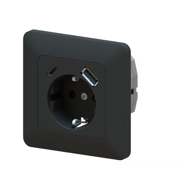 Pistorasia Opal Uppo 1-osainen 16A IP20 UPR +2xUSB Musta