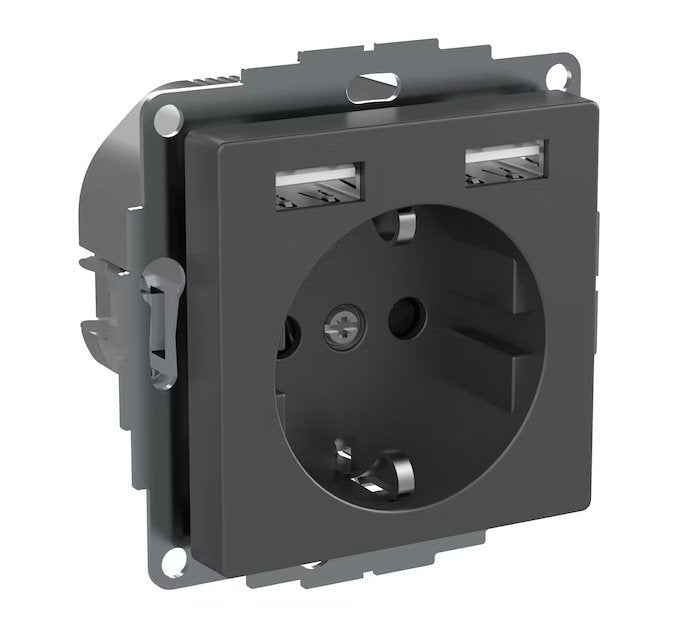 Pistorasia Schneider Electric Exxact 1-osainen + 2xUSB 2.4A Antrasiitti