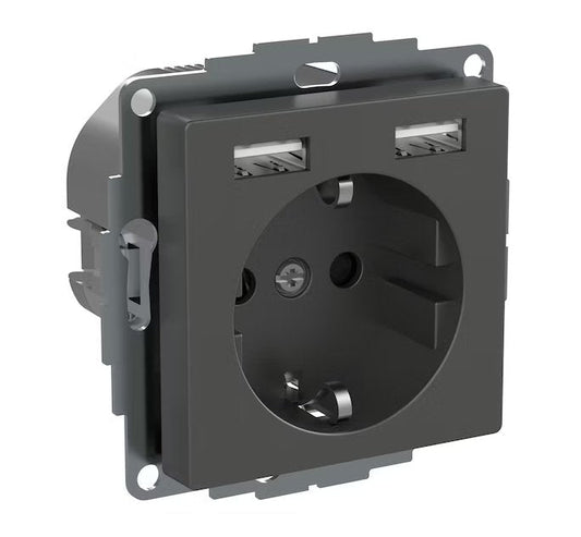Pistorasia Schneider Electric Exxact 1-osainen + 2xUSB 2.4A Antrasiitti