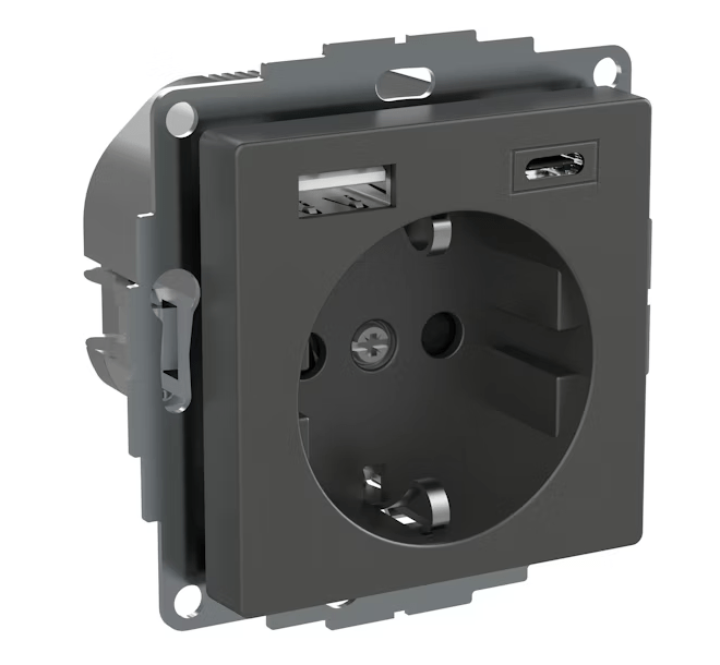 Pistorasia Schneider Electric Exxact 2xUSB A+C 3A Antrasiitti